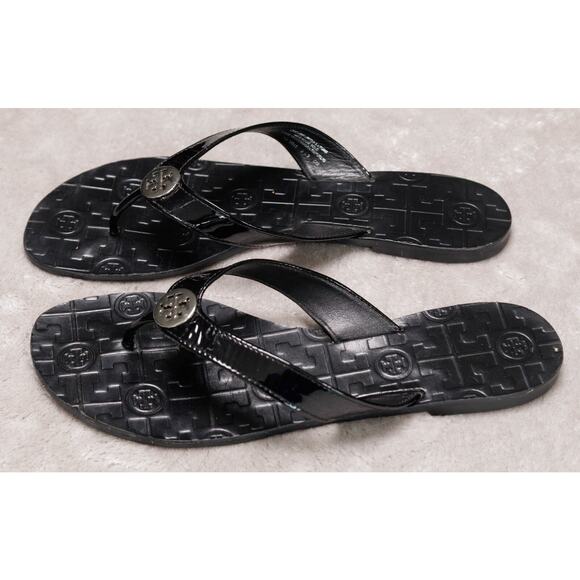 Tory Burch Thora Black Patent Leather Thong Sandals Womens Size 9 Silver Logo - Picture 9 of 16